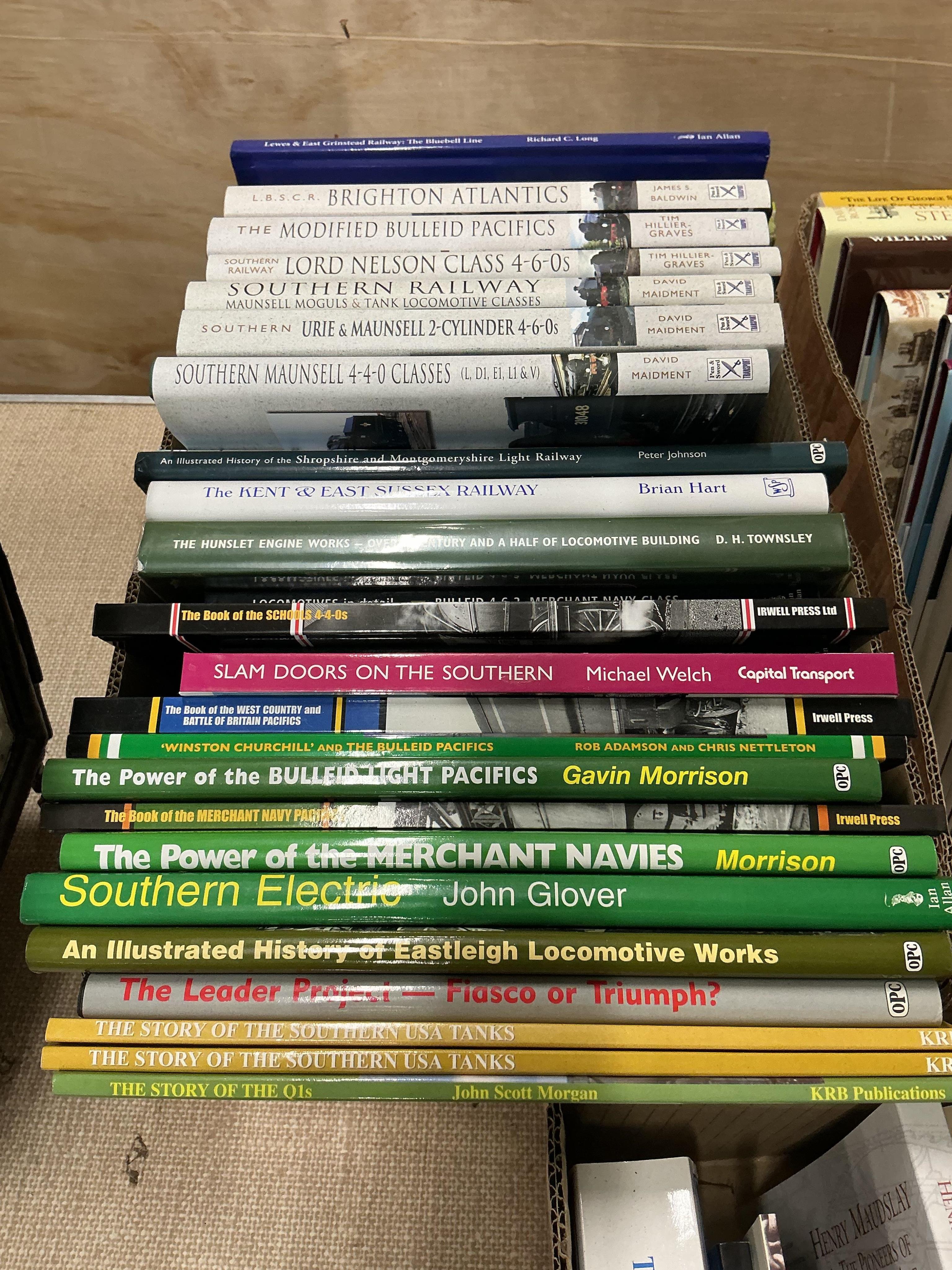 Three boxes of railway related books, subjects include; the Brighton Atlantics, the Modified Bulleid Pacifics, the Kent & East Sussex Railway, the Power of the Merchant Navies, the Early Railways of Leeds, George & Rober